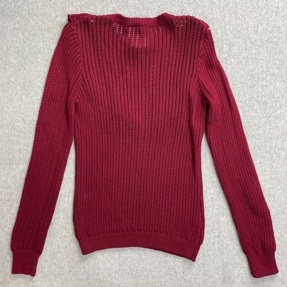 Minnie Rose Sweater Womens Medium Red Open Knit Ruffles Long Sleeve Cotton - Picture 8 of 12